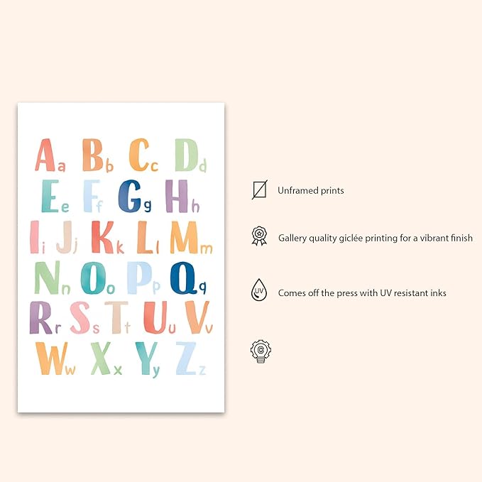 OZCONO Rainbow Alphabet Poster for Kids, Educational ABC Wall Chart for Classroom Decor, Montessori, Nursery Toddler Learning (Unframed) (9x11)