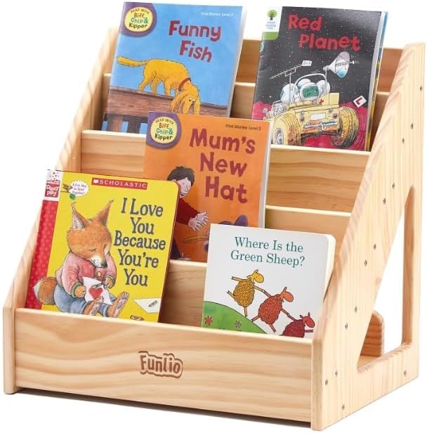 FUNLIO Montessori Bookshelf for Toddlers 1-5 Years, Front-Facing Kids Bookcase with Handle & Anti-Tilting Device, Premium Pine Baby Bookshelf, Children's Bookcase for Nursery/Classroom, CPC Certified