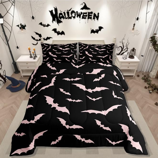 Erosebridal Bat Comforter Set Halloween Pink Bats Bedding Set with 2 Pillow Cases Silhouette Gothic Quilt Full Size for Kids Boys Youth Gothic Spooky Bedding Comforter Sets,Black
