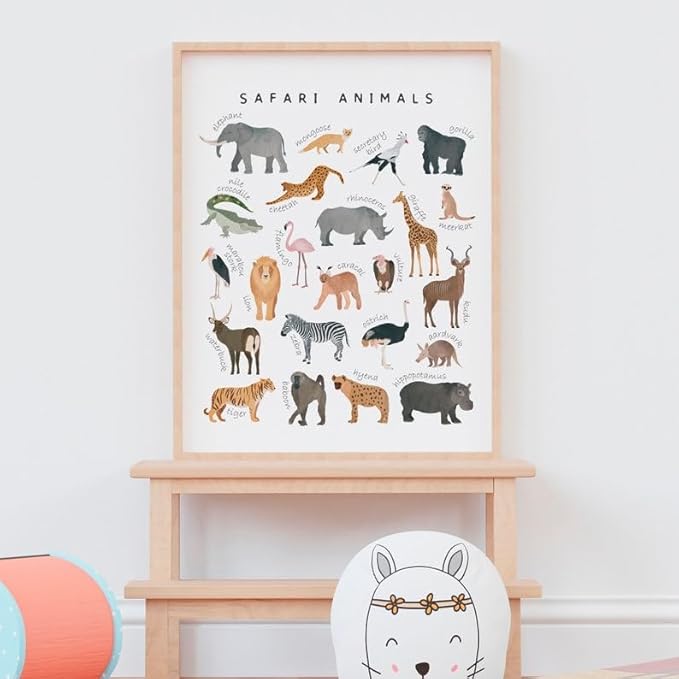 OZCONO Safari Animals Poster, Educational Jungle Chart for Kids, Playful Nursery Wall Decor, Montessori Learning, Homeschool Wildlife (Unframed) (9x11)