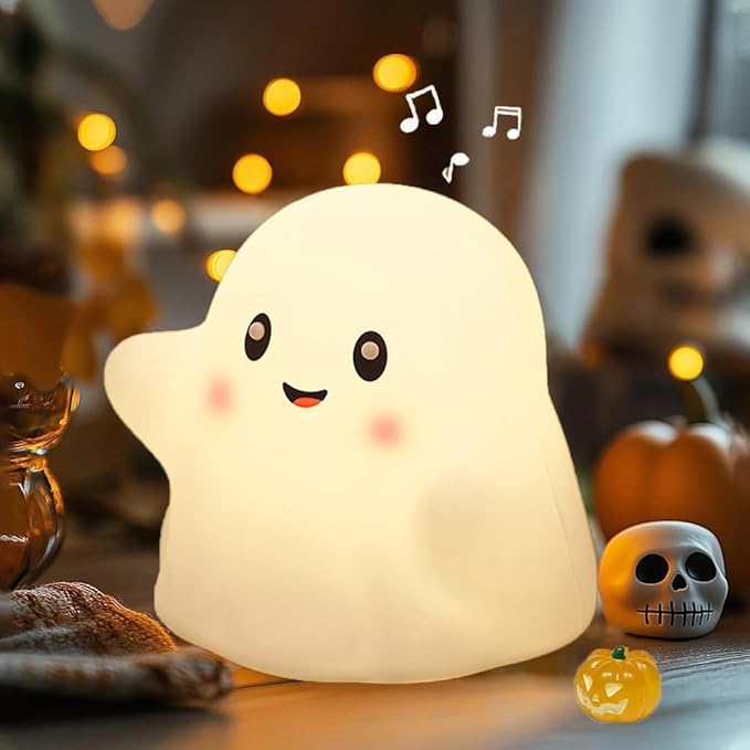 Ghost Night Light for Kids,Halloween Night Light with 13 Interactive Sound Effects ,Cute Silicone Light with 3 Levels of Brightness,Suitable for Indoor Halloween Decorations and Family (white ghost 1)