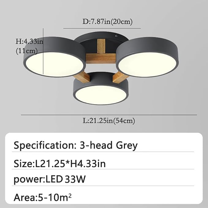 LED Flush Mount Ceiling Light Fixture with 3000K/4000K/6000K Temperatures Selectable,21Inch 33W Chandelier Modern Wood Ceiling Lamp for Bedroom Kitchen, 3-Lights Indoor Lighting Grey Pendant Light