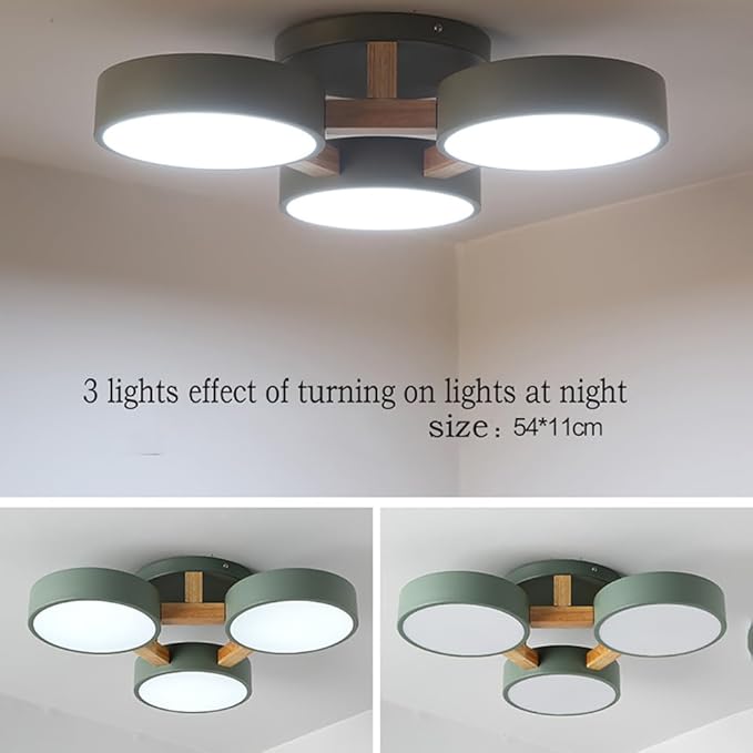 LED Flush Mount Ceiling Light Fixture with 3000K/4000K/6000K Temperatures Selectable,21Inch 33W Chandelier Modern Wood Ceiling Lamp for Bedroom Kitchen, 3-Lights Indoor Lighting Green Pendant Light