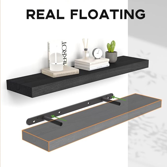Habudda Floating Shelves, 35.5 Inches Wall Shelf for Rustic Home Decor, Bathroom, Bedroom, Kitchen, Natural Solid Wood, Invisible Bracket, 2 Pack