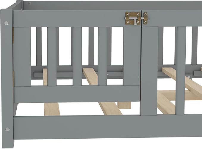 Bellemave Full Size Floor Bed with Rails for Kids, Girls, Boys, Pine,Plywood Floor Bed with slats and Door, Grey