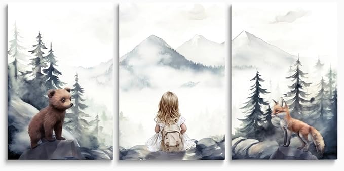 Baby Girl With Animals Adventure Nursery Wall Art, Adventure Toddler Decor, Outdoor Woodland Nursery Wall Decor for Girl's Bedroom, Mountain Forest Landscape Kid Art Print, Framed Set of 3, 16"x24"x3