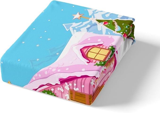 Feelyou Merry Christmas Pink Comforter Cover Set Cartton Cute Santa Claus Bedding Set Twin Size for Kids Boys Girls Bedroom Bed Decor Xmas Duvet Cover Set Soft Quilt Cover,No Comforter