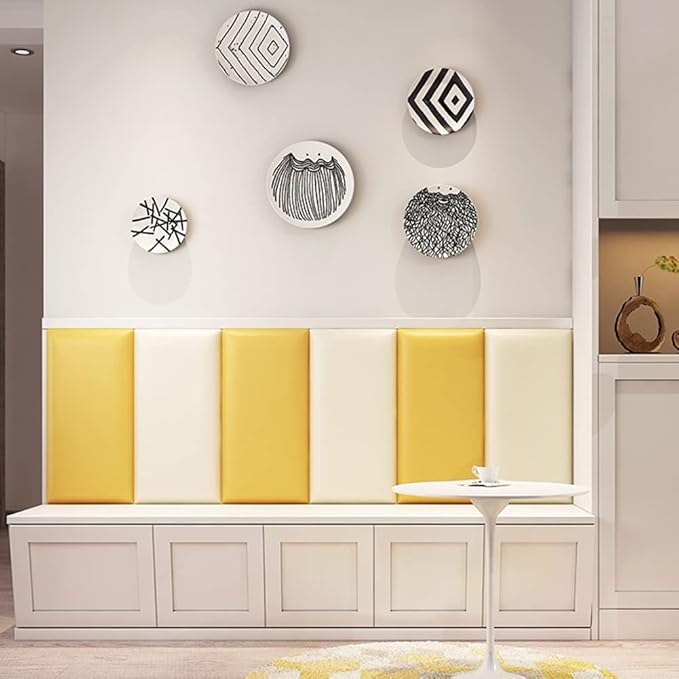 3D Anti-Collision Wall Padding for Kids, Peel and Stick Upholstered Wall Panels, Queen Headboard, Playroom Decorative Protection Panel, Pack of 2 Panels Sized 23.6” X 11.8” (Yellow)