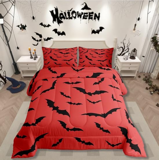 Erosebridal Black Bats Bedding Set Halloween Themed Comforter Set Toddler Size,Bat Spooky Gothic Quilt for Kids Boys Girls Adults Red Halloween Decorations Duvet Insert,Goth Room Decor