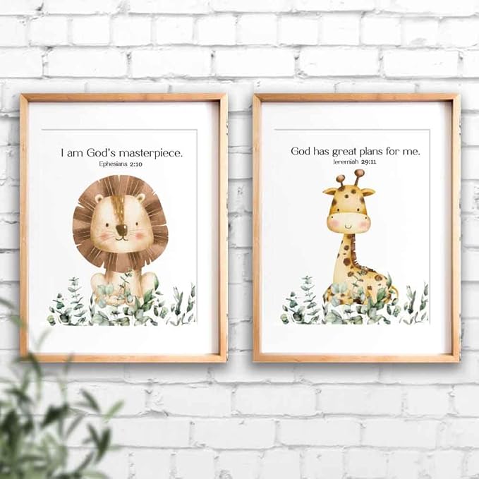 IIILUYOT 6Pcs Cute Christian Wild Animals Wall Art Decor for Nursery Child Bedroom, Zebras, Elephants, Lions, Giraffes, Monkey Inspirational Forest Animals Poster Decor Set of 6(8”X10”) Unframed