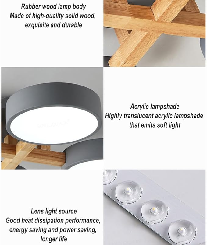 LED Flush Mount Ceiling Light Fixture with 3000K/4000K/6000K Temperatures Selectable,44Inch 96W Chandelier Modern Wood Ceiling Lamp for Bedroom Kitchen, 8-Lights Indoor Lighting Grey Pendant Light