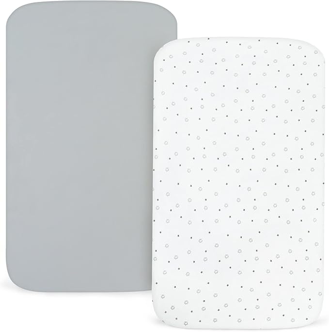 Bassinet Sheets 2 Pack, Compatible with 4moms Breeze Plus Bassinet (not playard), Fit for 23" x 28" Bassinet Mattress Pad, Ultra Soft & Super Stretchy, Baby Boy/Girl, Grey & White Star