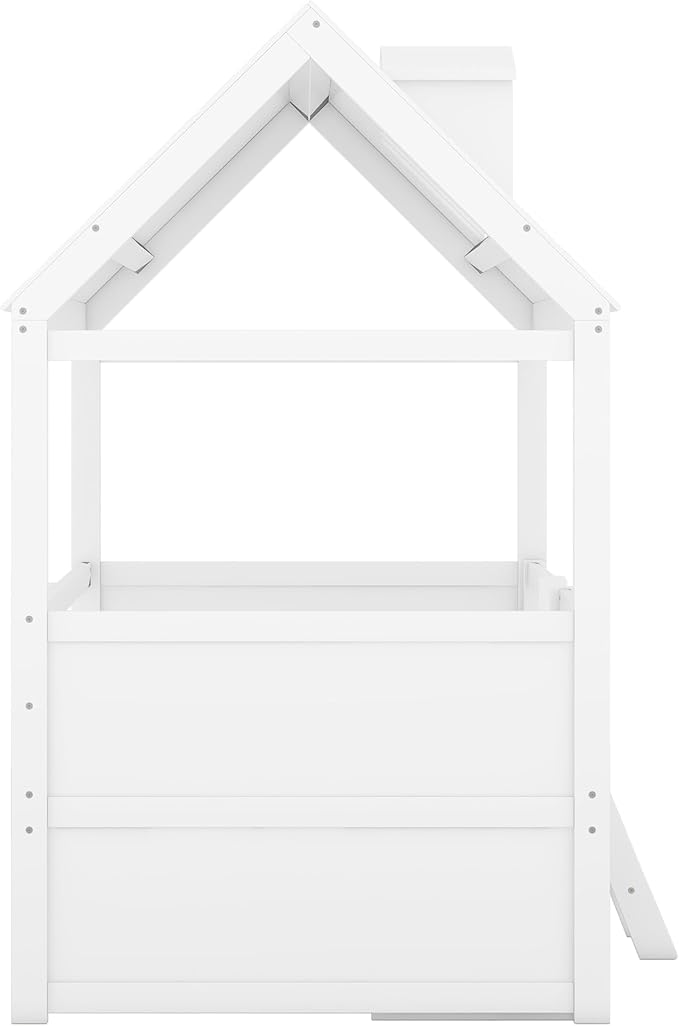 Merax Wood Montessori House Bed Frame with Roof and Windows for Boys Girls Teens, Twin Kids Playhouse Bed with Guardrails and Storage Drawers for Children's Room, Bedroom, Wood Slats Support, White