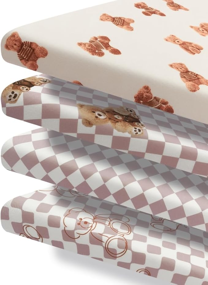 Fitted Baby Neutral Pack N Play Sheets Mini Crib Sheets Bear and Buffalo Check Plaid Breathable Unisex Baby Sheet Set for Boys or Girls