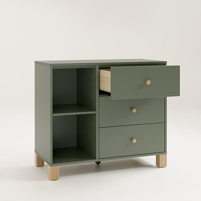 Storkcraft California 3 Drawer Combo Dresser (Olive with Driftwood) – GREENGUARD Gold Certified, Interlocking Drawer System, Pre-Installed Drawer Tracks for Easier Assembly, Spacious Cabinet