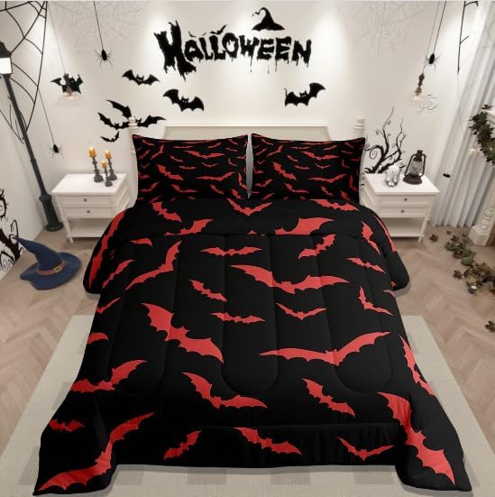 Erosebridal Bat Bedding Set Halloween Comforter Set with 1 Pillow Case Red Bats Animals Quilt Toddler Size for Kids Boys Bedroom Holiday Gothic Spooky Style Quilt