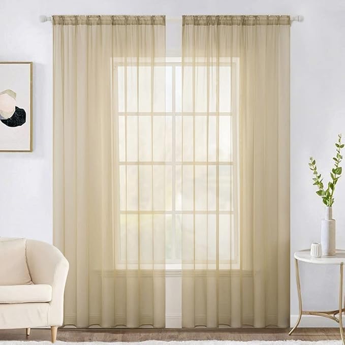 MIULEE Beige Window Sheer Curtains for Bedroom Living Room Solid Elegant Net Drapes 2 Panels Width 38 x Length 84 Inches
