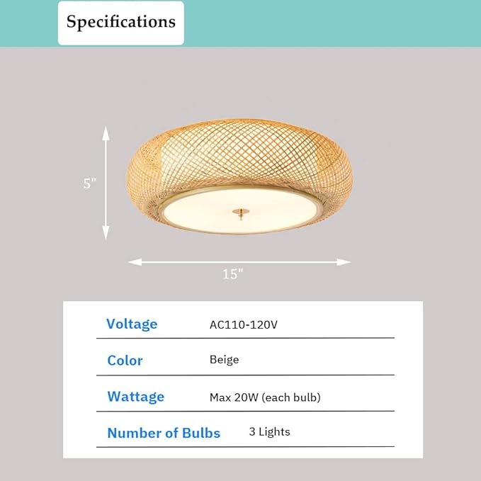 Bamboo Flush Mount Ceiling Light Handwoven Rattan Light Fixture, 3 Lights Boho Ceiling Lamp for Bedroom, Entryway, Foyer (15-inch)