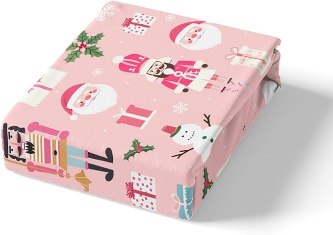 Pink Christmas Nutcracker Decorative Comforter Cover Toddler Size Xmas Cartoon Santa Claus Duvet Cover New Year Festival Snowman Snowflake Bedding Set Gifts for Kids Boys Girls 1 Pillow Case Pink