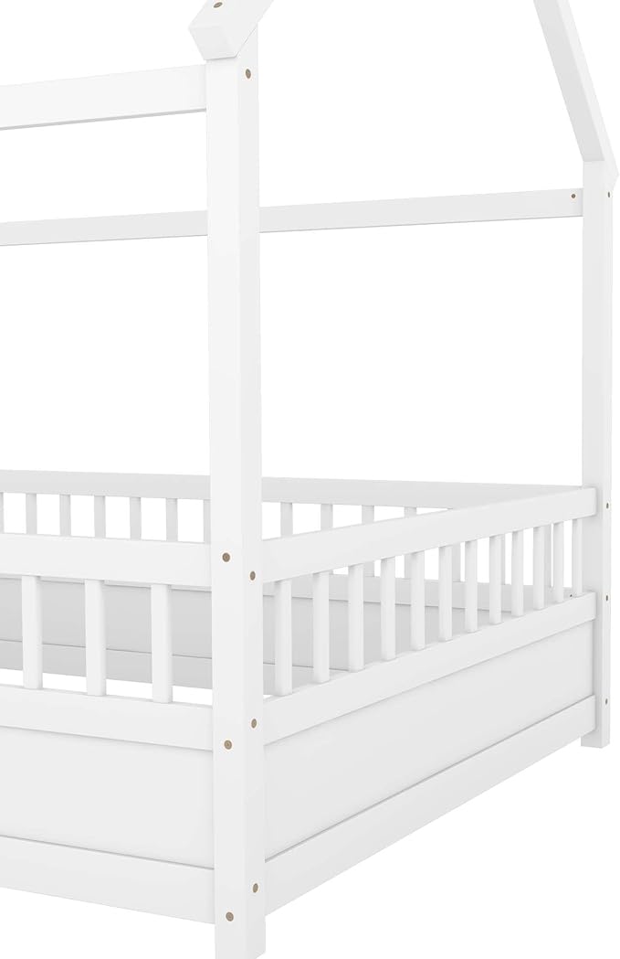 Full Size House Bed with High Fence for Kids,Full Floor Bed Frame, Kids Montessori Bed Full Size,Solid Wood House Bed Frame for Boys,Girls,White