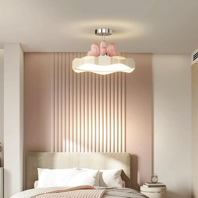 Whimsical Cloud Ceiling Light with Pink Heart Accents, Dreamy LED 3 Color Adjustable Fixture for Kids Room, Nursery, Girls Bedroom, Playroom Decor, Soft Glow Lighting
