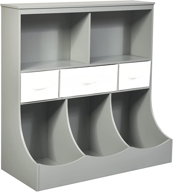 HONEY JOY Kids Toy Storage Organizer with Bookcase, 8-Cubby Organization Storage Cabinet w/Display Shelf & 3 Removable Fabric Bins, Wooden Toy Storage Unit for Playroom, Nursery Daycare(Gray)