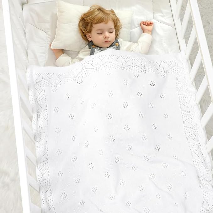 LAWKUL Cellular Blanket Baby 100% Cotton Knitted Soft Knit Crochet Blankets for Newborn Boy Girls Infants White 100x80cm