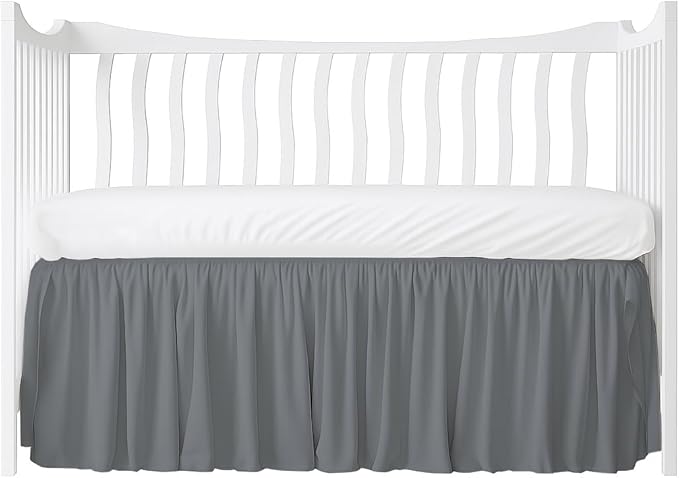 Crib Bed Skirt Dust Ruffle with Split Corners, 100% Cotton, Dark Grey Nursery Crib Skirt for Baby Boys or Girls, 28x52, 14" Drop, Toddler Bed Skirt, Baby Bedding, Crib Sheet Skirt, Soft & Breathable