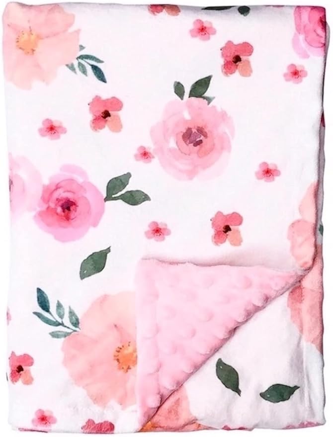 Baby Minky Blanket - Double Layer Soft Plush, Toddler to Newborn, Pink Floral, 30 X 40 inches