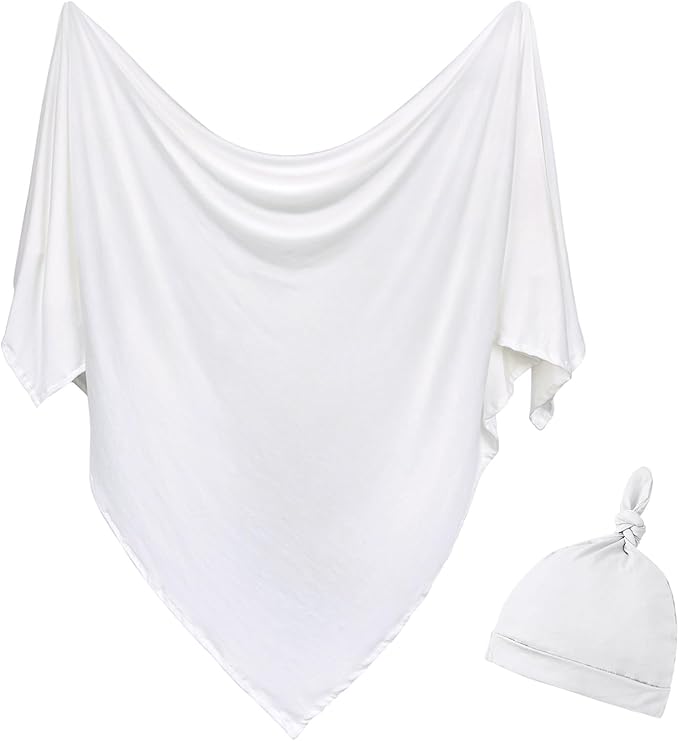 Newborn Swaddle Blanket with Hat Set Baby Swaddle Set Hospital Receiving Blankets for Girls Boys(Ivory,35"*35")