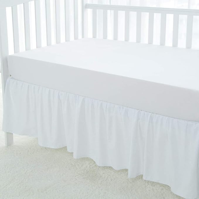100% Egyptian Cotton, Nursery Crib Toddler (28" x 52" + 14") 800 Thread Count Crib Skirt Dust Ruffle, Bedding Skirts for Baby Boys or Girls, 14" Drop, White Solid