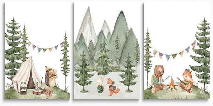 Camping Nursery Wall Art, Woodland Hiking Nursery Wall Decor, Bear Fox Animals Forest Mountain Wall Art, Nature Kid Print for Baby Boy Girl Bedroom, Children's Room Decor, Framed Canvas, 16"x24"x3