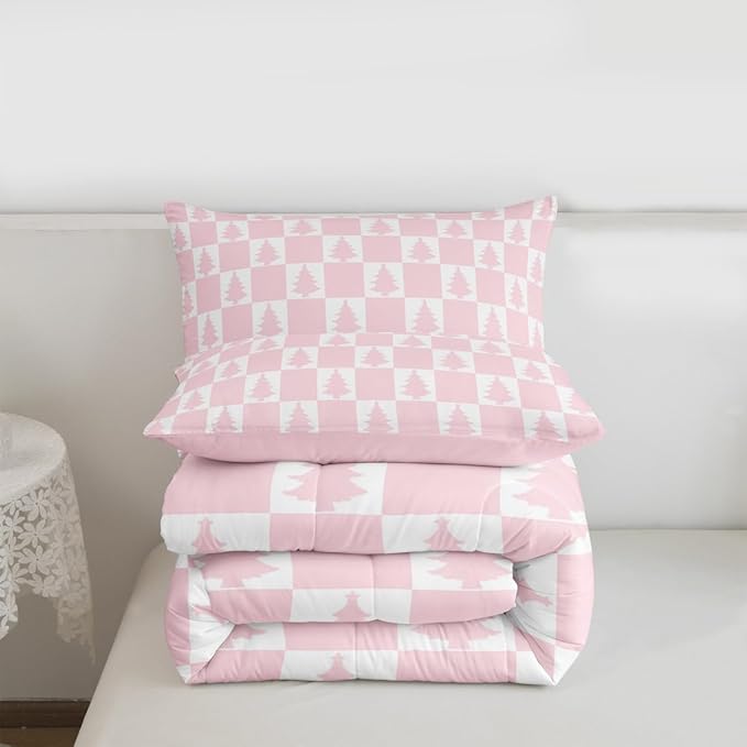 Feelyou Christmas Bedding Set Soft for Boys Girls, Checkered Comforter Set Twin Size Christmas Tree Duvet Quilt Microfiber Xmas Decorations Bedroom Decor Pink 2 Pcs with 1 Pillow Cases