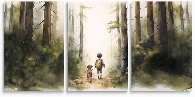 Boy and Dog Nursery Wall Art, Set of 3 Rustic Woodland Nursery Wall Decor, Little Boy and Puppy in the Forest Adventure Kid Wall Art Print, Outdoor Landscape Toddler Room Decor for Boys, Framed 16"x24"x3