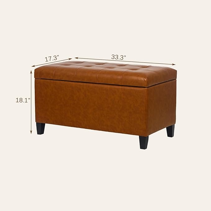 Asense Storage Ottoman Bench, Faux Leather Upholstered End of Bed Bench with Safety Hinge Wooden Legs, for Entryway Bedroom (Reddish Brown, 33.3")