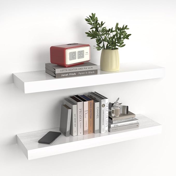 Habudda Floating Shelves, Natural Wood Wall Shelf, White Wooden Rustic Decor for Bathroom Kitchen Bedroom, 23.6 inches Hanging Mounted Invisible Bracket, 2 Set