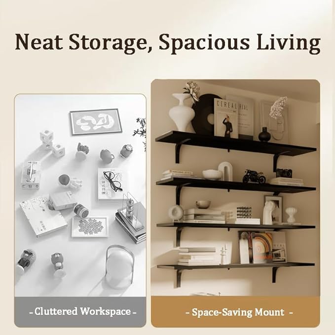 12x60 Inch Rustic Wood Floating Shelves 4-Pack - Farmhouse Black Wall Shelves with 100 lbs Capacity, Easy Installation for Living Room, Kitchen, Bathroom