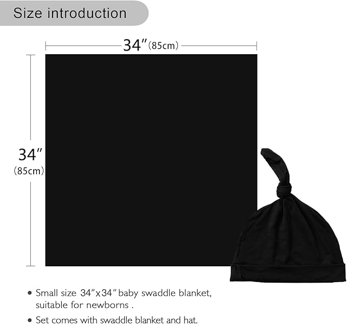 Newborn Swaddle Blanket with Hat Set Baby Swaddle Set Hospital Receiving Blankets for Girls Boys(Black)