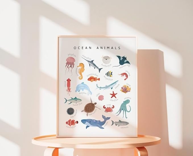 OZCONO Ocean Animals Learning Poster, Vibrant Sea Life Chart Kids, Preschool Wall Decor Art, Homeschool Education Guide (Unframed) (24x36)