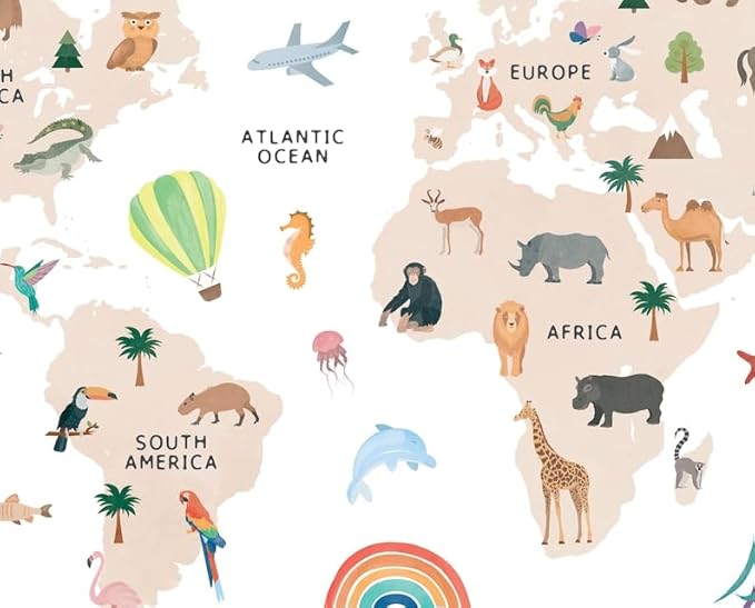 OZCONO Animal World Map Poster, Kids Educational Geography Decor, Safari Animals Nursery Art, Montessori Learning Wall Print (Unframed) (20x30)