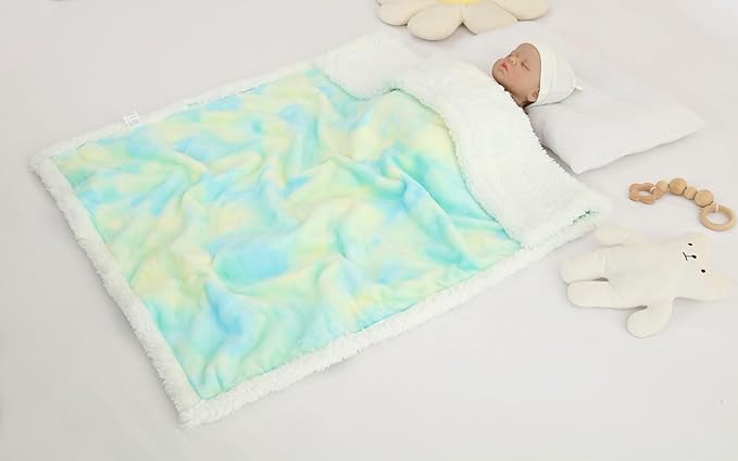 Flannel Baby Blanket Reversible Super Soft Blankets for Boys Girls Infant Newborn Sherpa Receiving Blankets for Crib Stroller Green Tie Dye 30" x 40"