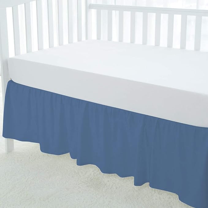 100% Egyptian Cotton, Nursery Crib Toddler (28" x 52" + 14") 800 Thread Count Crib Skirt Dust Ruffle, Bedding Skirts for Baby Boys or Girls, 14" Drop, Medium Blue Solid