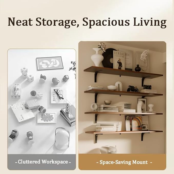 12x48 Inch Rustic Wood Floating Shelves 4-Pack - Farmhouse Walnut Wall Shelves with 100 lbs Capacity, Easy Installation for Living Room, Kitchen, Bathroom (Walnut, 4T48IN)
