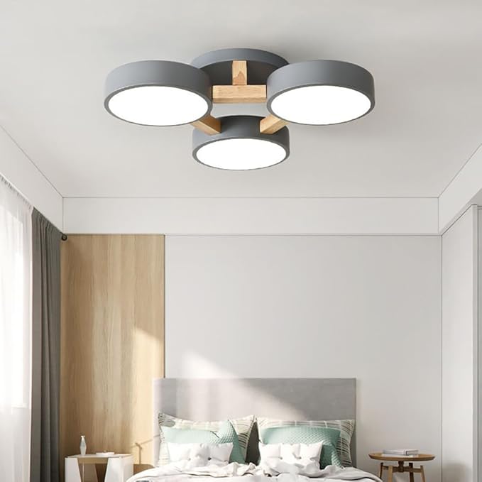 LED Flush Mount Ceiling Light Fixture with 3000K/4000K/6000K Temperatures Selectable,21Inch 33W Chandelier Modern Wood Ceiling Lamp for Bedroom Kitchen, 3-Lights Indoor Lighting Grey Pendant Light