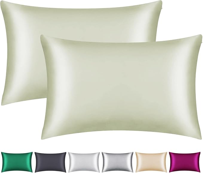 100% Mulberry Silk Pillowcase 2 Pack for Hair and Skin,with Hidden Zipper,Both Sides 22 Momme Natural Silk Pillow Cover,Soft Breathable & Smooth (Matcha, Queen)