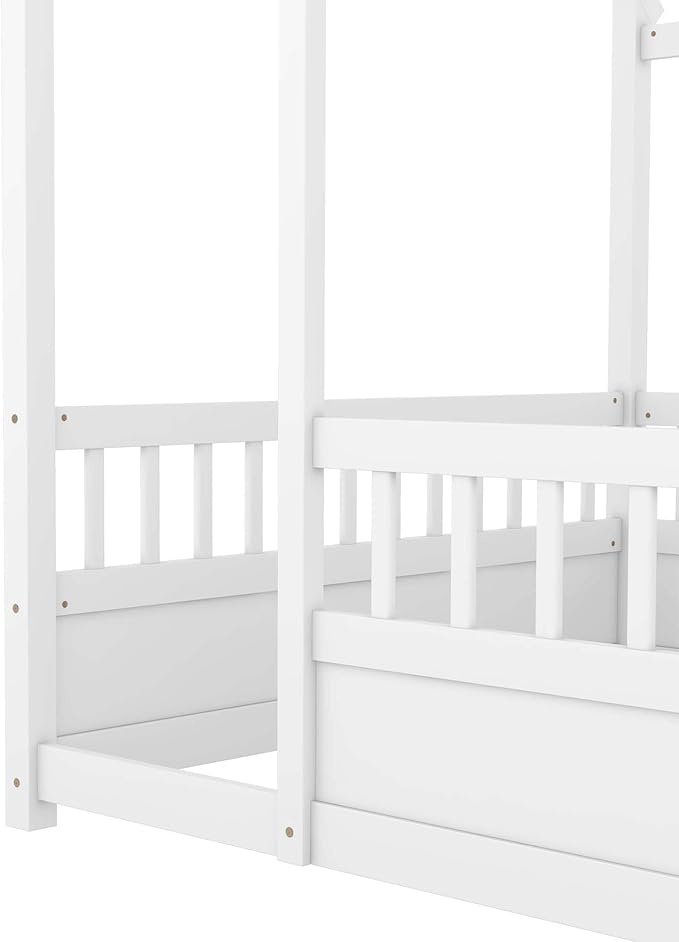 Full Size House Bed with High Fence for Kids,Full Floor Bed Frame, Kids Montessori Bed Full Size,Solid Wood House Bed Frame for Boys,Girls,White