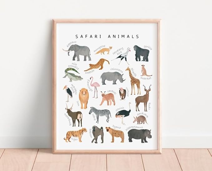 OZCONO Safari Animals Poster, Educational Jungle Chart for Kids, Playful Nursery Wall Decor, Montessori Learning, Homeschool Wildlife (Unframed) (16x24)