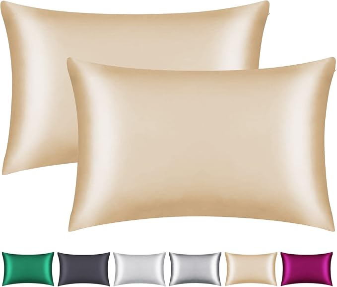 100% Mulberry Silk Pillowcase 2 Pack for Hair and Skin,with Hidden Zipper,Both Sides 22 Momme Natural Silk Pillow Cover,Soft Breathable & Smooth (Beige, Queen)