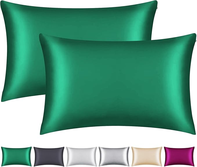 100% Mulberry Silk Pillowcase 2 Pack for Hair and Skin,with Hidden Zipper,Both Sides 22 Momme Natural Silk Pillow Cover,Soft Breathable & Smooth (Dark Green, Queen)