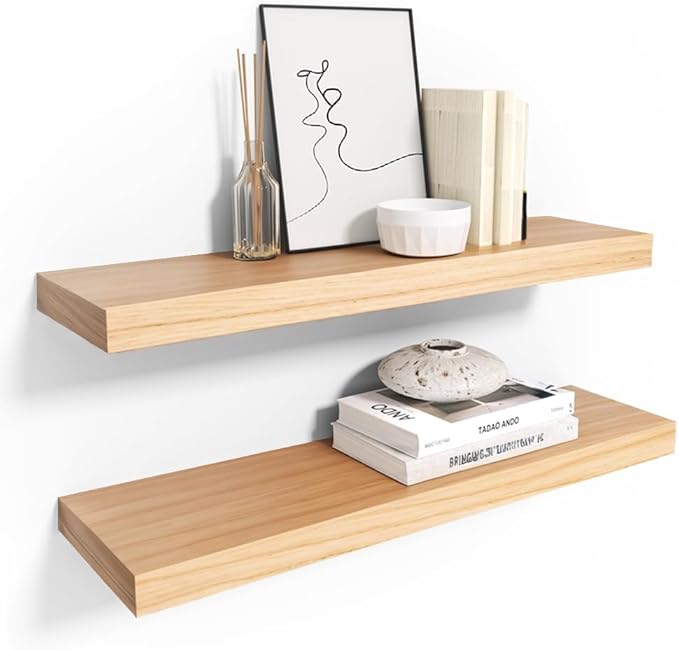 Habudda Floating Shelves, Wooden Wall Shelf for Rustic Decor, Hanging Display Shelving for Bedroom Bathroom Kitchen Living Room, Natural Wood, Invisible Bracket, 23.6"×6.7"×1.6", 2-Pack